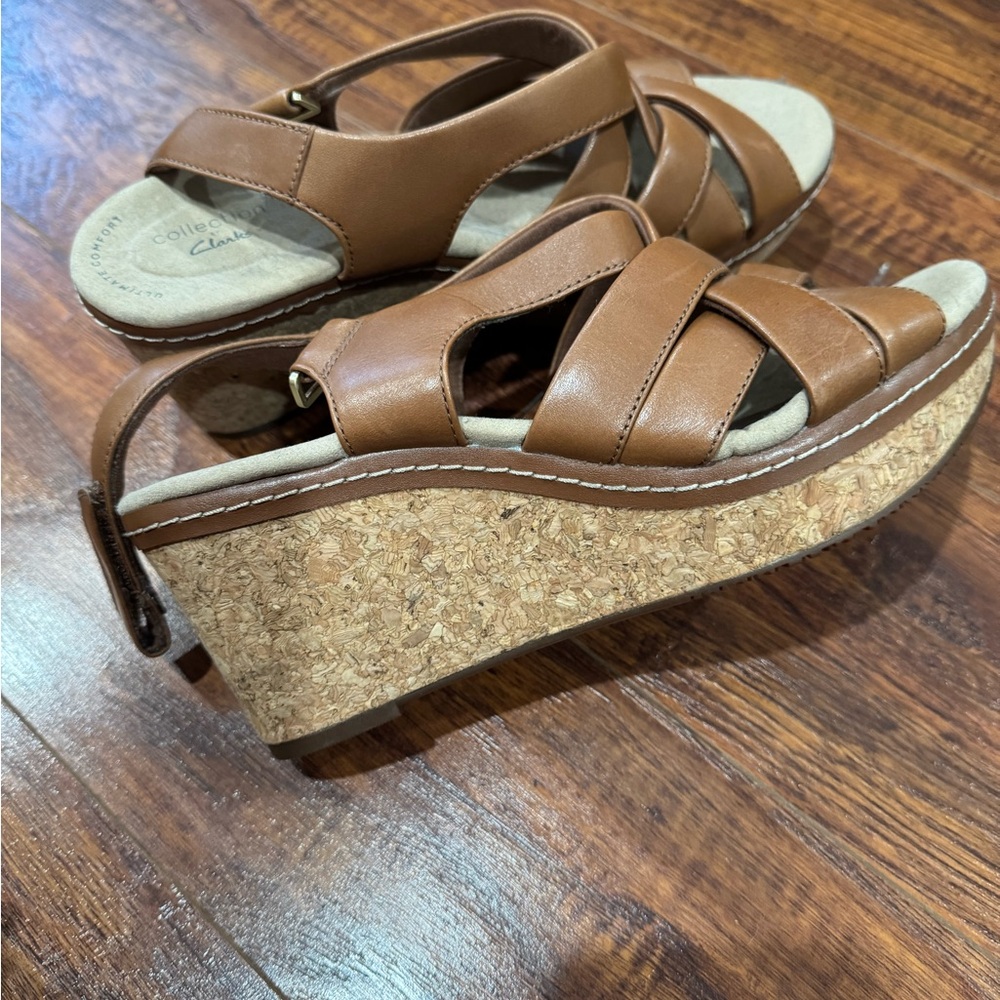 Clarks Tan Leather Wedge Sandals